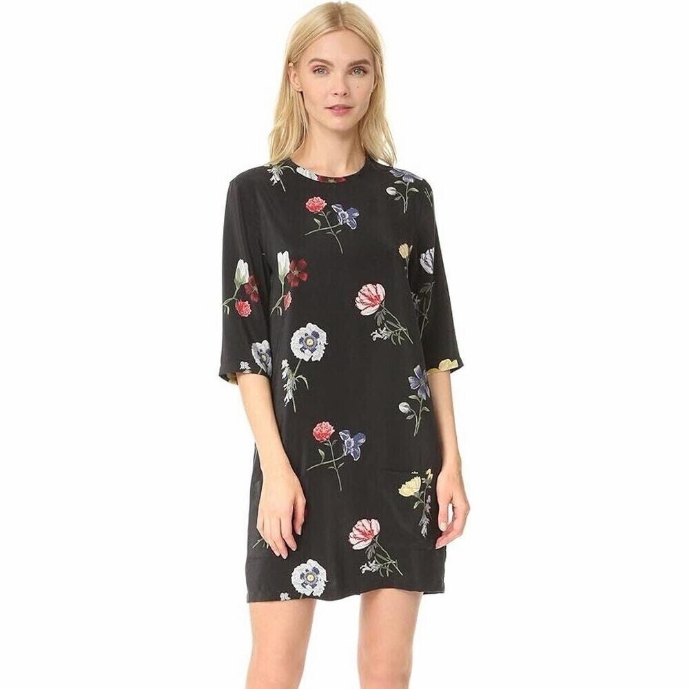 Equipment Femme Aubrey Silk Black Floating Floral Mini Shift Dress (107)